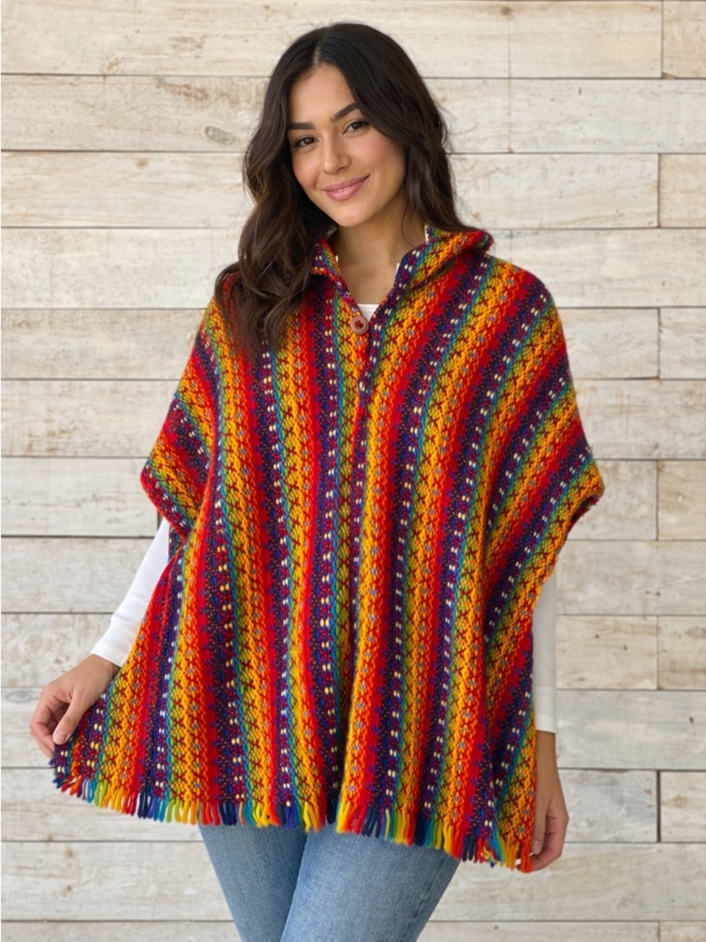 Pachamama Colorful Striped Handwoven Poncho - Rainbow